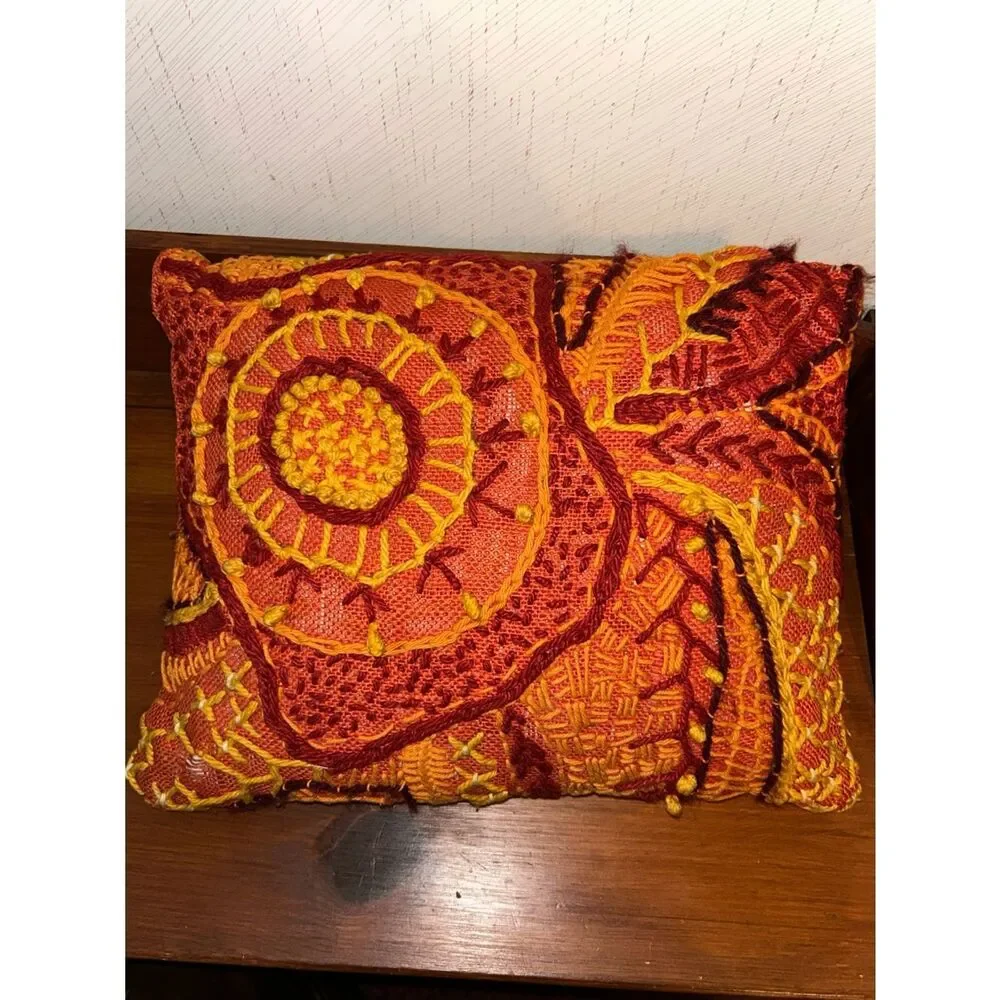 Vintage Handmade Embroidered Burlap Decorative Accent Pillow